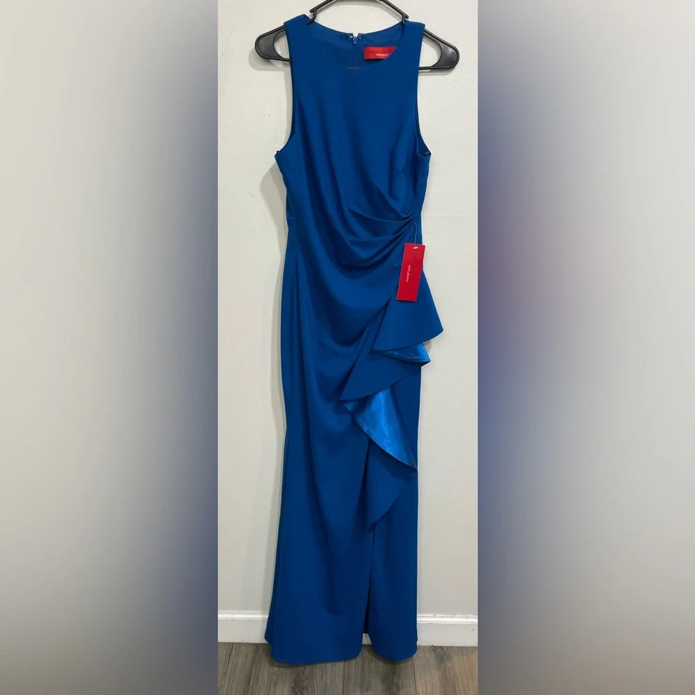 Carmen Marc Valvo Infusion Maxi Formal Sleek Evening Gown Cobalt Blue NWT SZ 8 - Picture 1 of 16